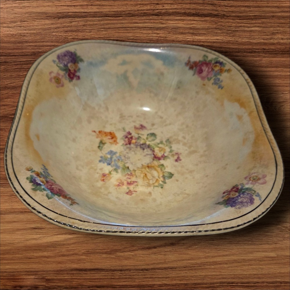 Vintage‎ Crown Ivory Floral  Square Bowl ~ 9"  | Shabby Sheek Stained & Crazing!